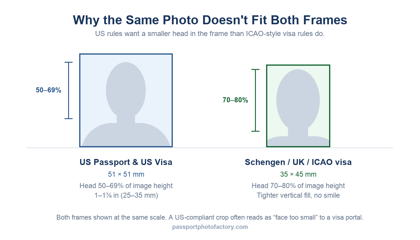 Comparison of head size rules: a US passport and visa photo frame with the head at 50–69% of image height next to a Schengen/UK/ICAO 35×45 mm frame with the head at 70–80% of image height